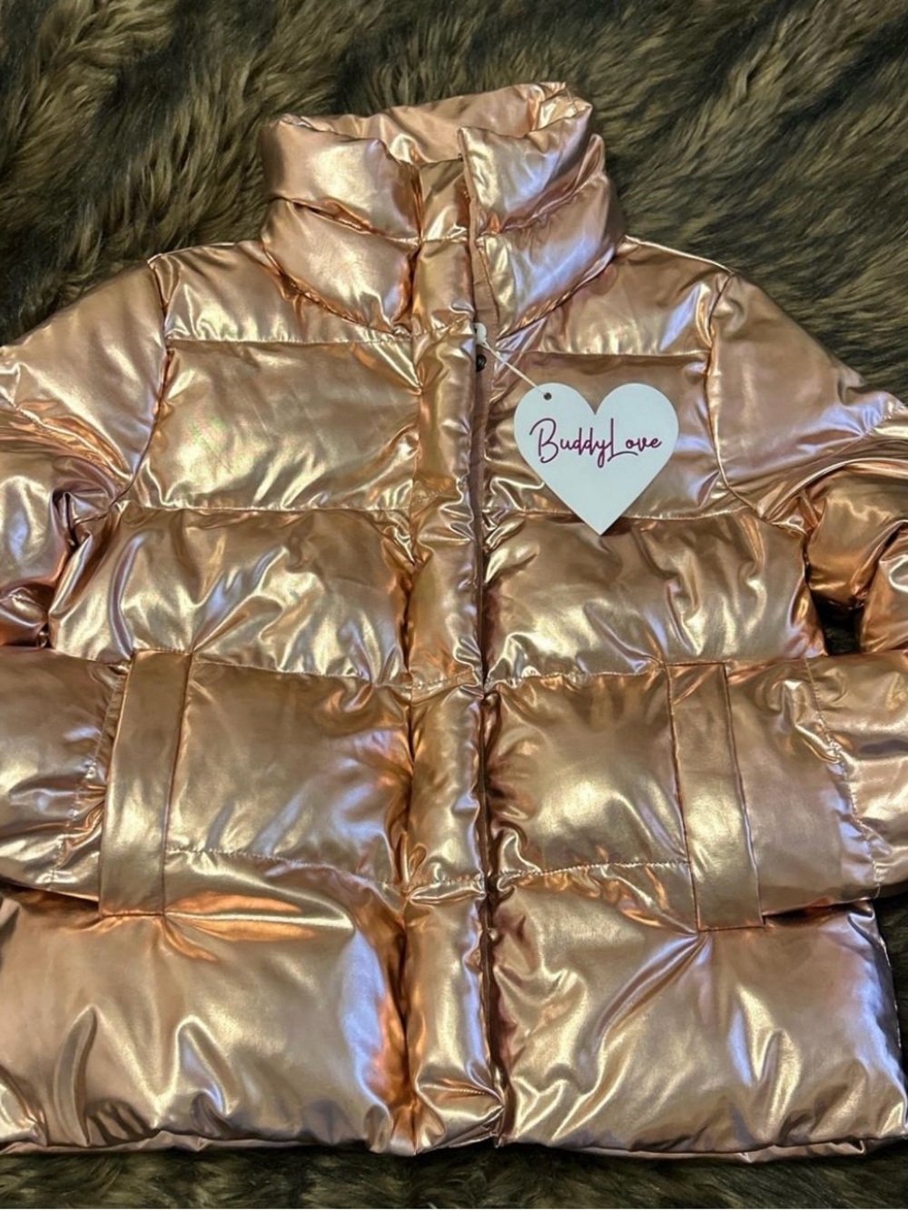 Buddy Love Women’s Metallic Rose Gold Puffer Jacket